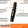 A black adjustable tire deflator kit showing components like a piston, lock ring, and connector.