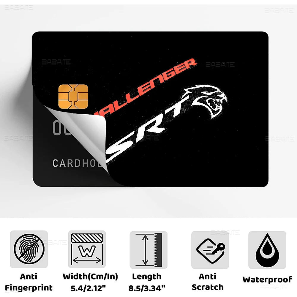 A black card sticker film featuring a red SRT Hellcat Demon Dodge graphic and various protective features.