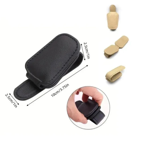 Black magnetic car sun visor glasses holder with multiple clip options shown in various angles