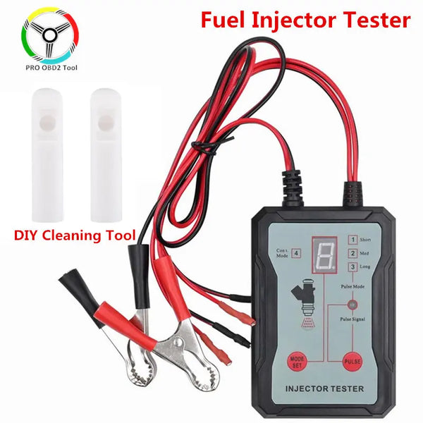 A fuel injector tester tool with wires and a cleaning tool is shown next to an electronic tester device.
