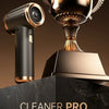 A sleek black portable vacuum cleaner labeled Cleaner Pro stands next to a golden trophy.