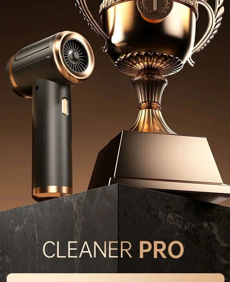 A sleek black portable vacuum cleaner labeled Cleaner Pro stands next to a golden trophy.