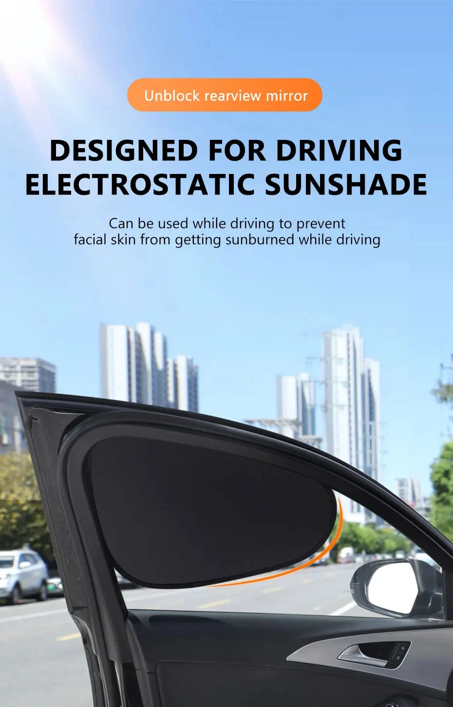 Schwarzer elektrostatischer Sonnenschutz für Autoscheiben, gezeigt aus der Fahrzeuginnenansicht.