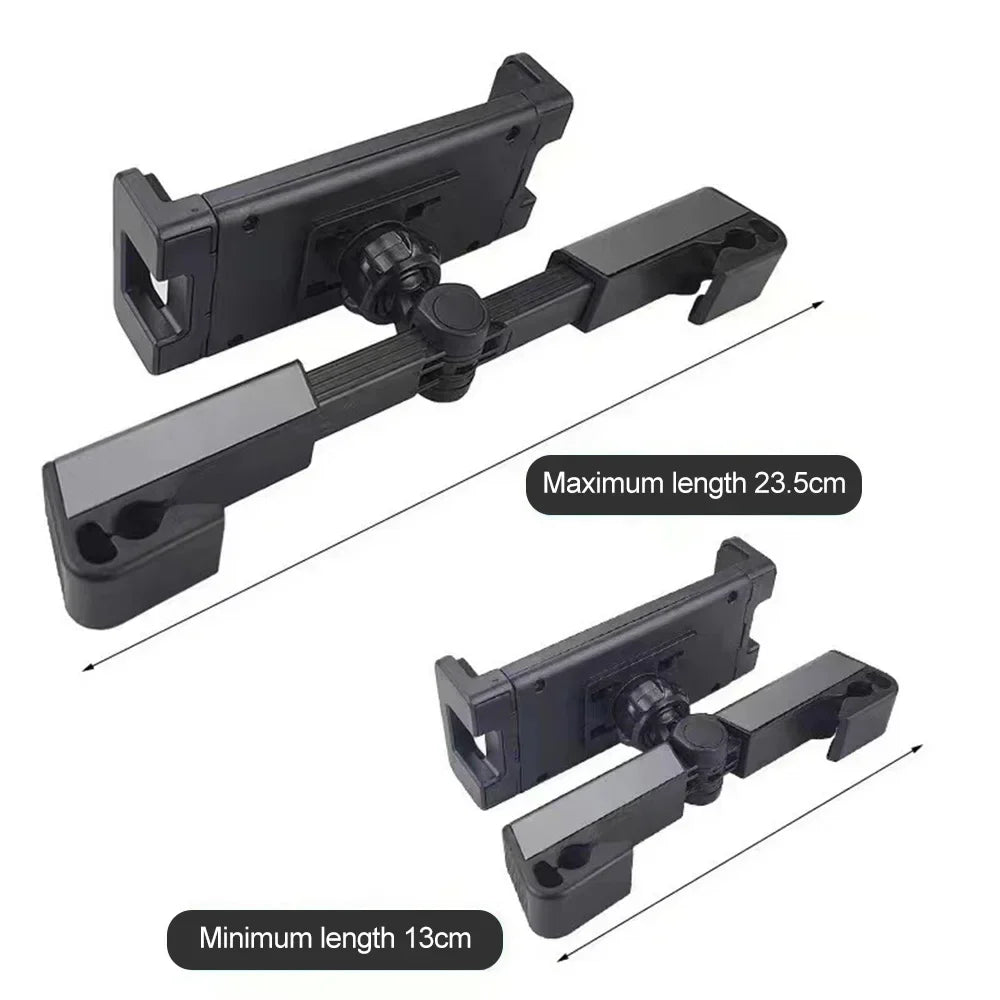 Black universal telescopic car phone mount for tablets showing maximum and minimum lengths