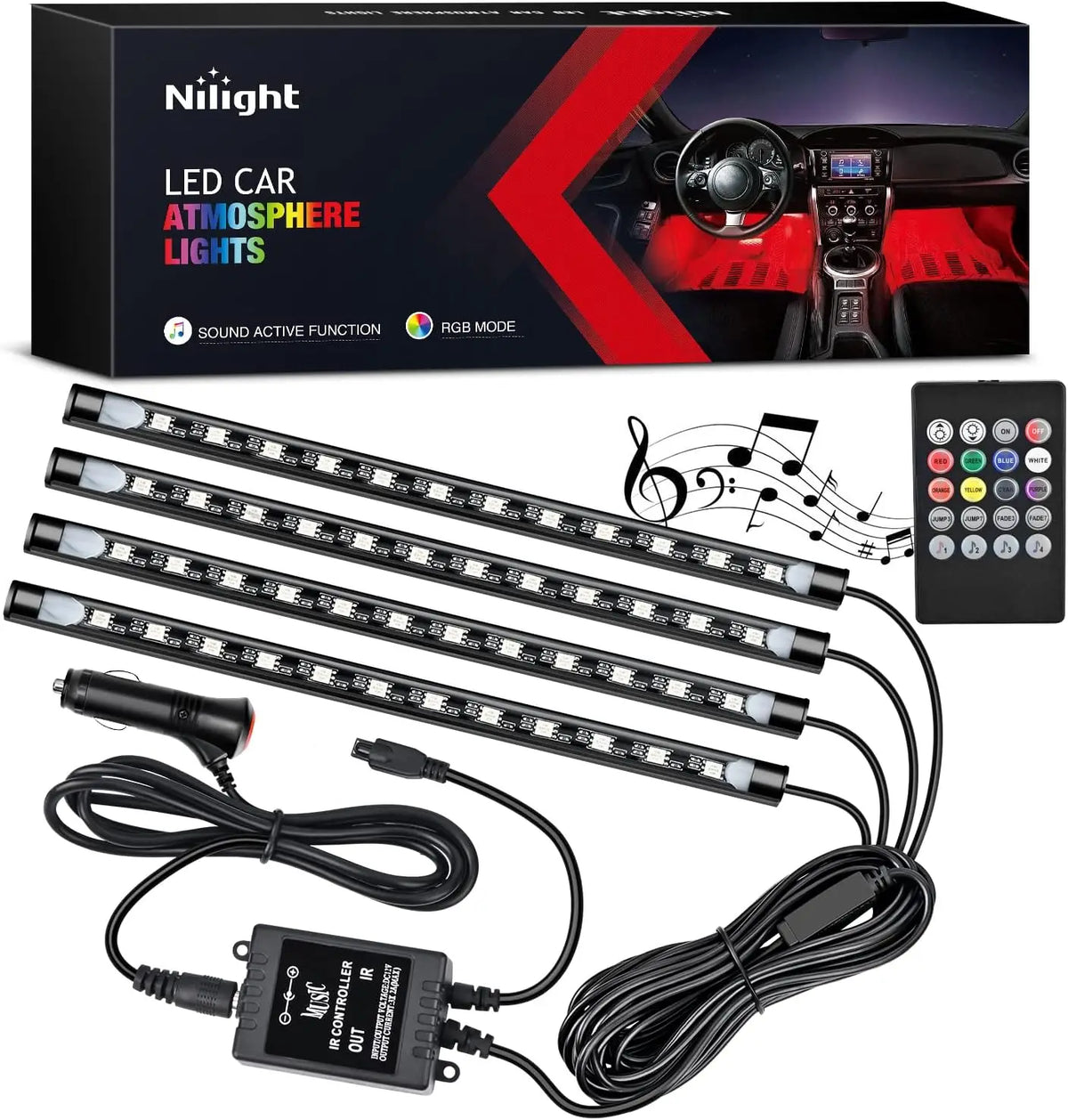 Un jeu de lumières d'ambiance LED sans fil multicolores pour voiture avec contrôleur et câble d'alimentation.
