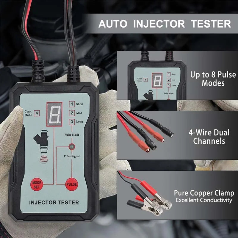 An auto injector tester device is shown being held, highlighting its features like pulse modes and dual channels.