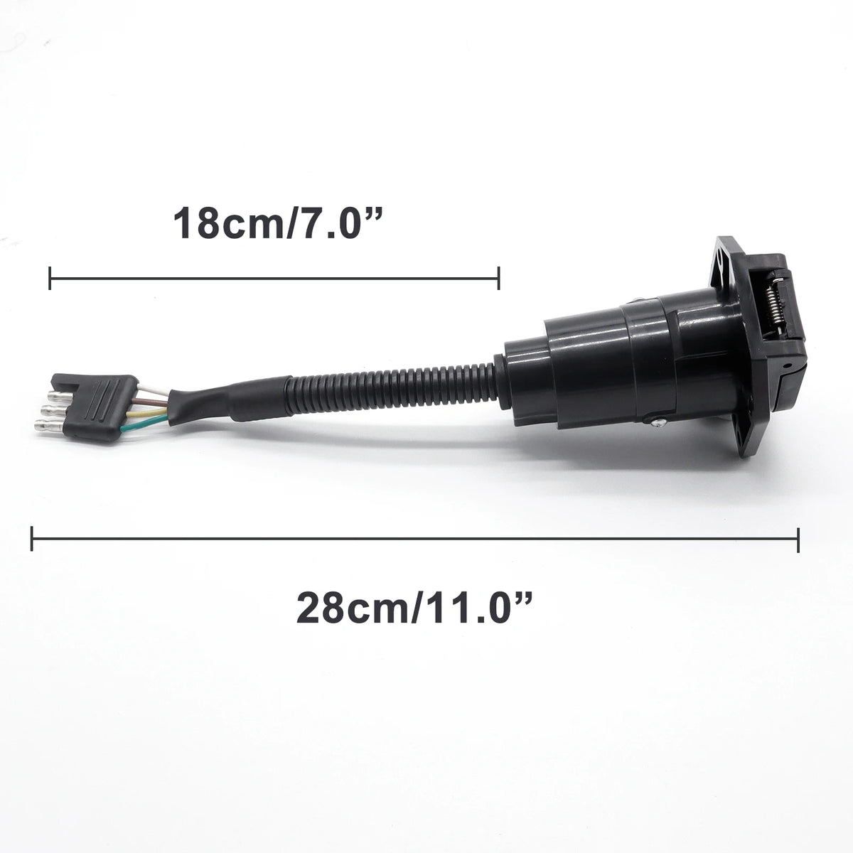 Black 4-pin flat to 7-way round trailer adapter with mounting bracket and waterproof cover shown with dimensions.