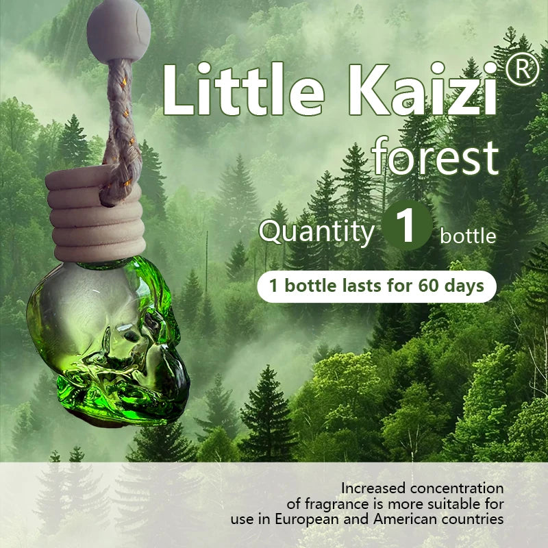 A green glass bottle with a cork stopper and a string, labeled Little Kaizi forest, set against a misty forest background.