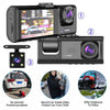 A black dual lens dash cam device with a screen and camera module is shown alongside its features.