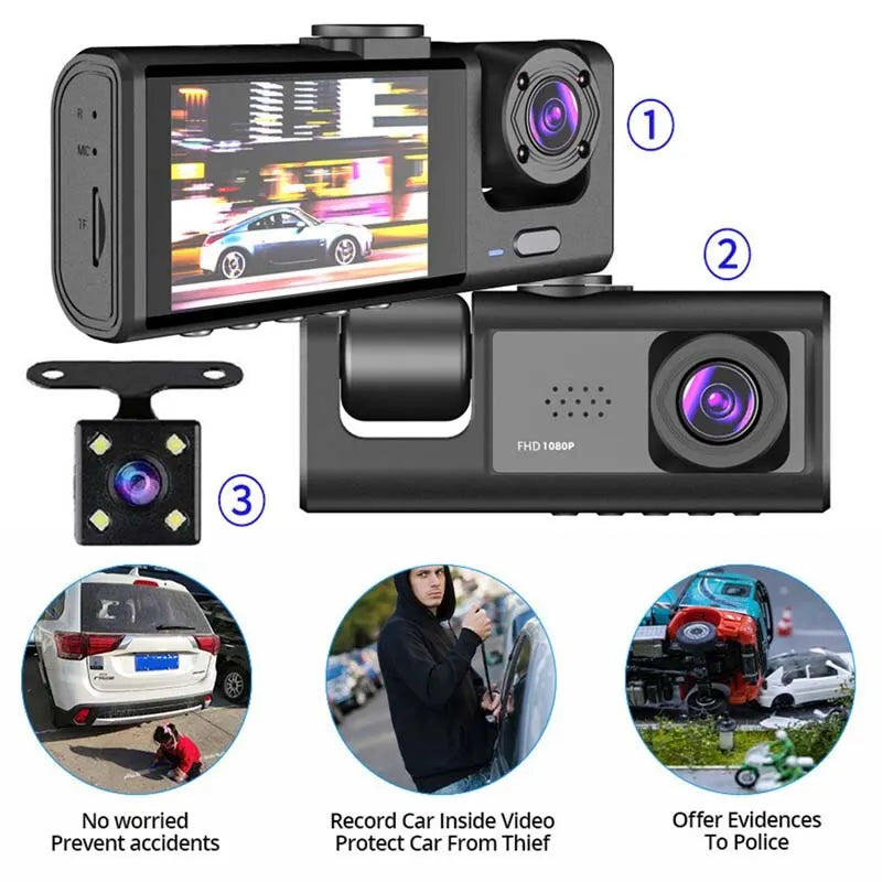 A black dual lens dash cam device with a screen and camera module is shown alongside its features.