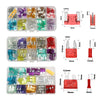 An assortment kit of automotive micro fuses in various colors and sizes packaged in clear plastic trays.