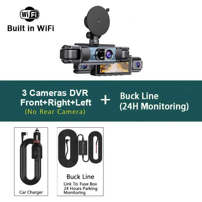 A black 4-channel full HD car dash cam with night vision and a separate buck line for 24 hours parking monitoring.