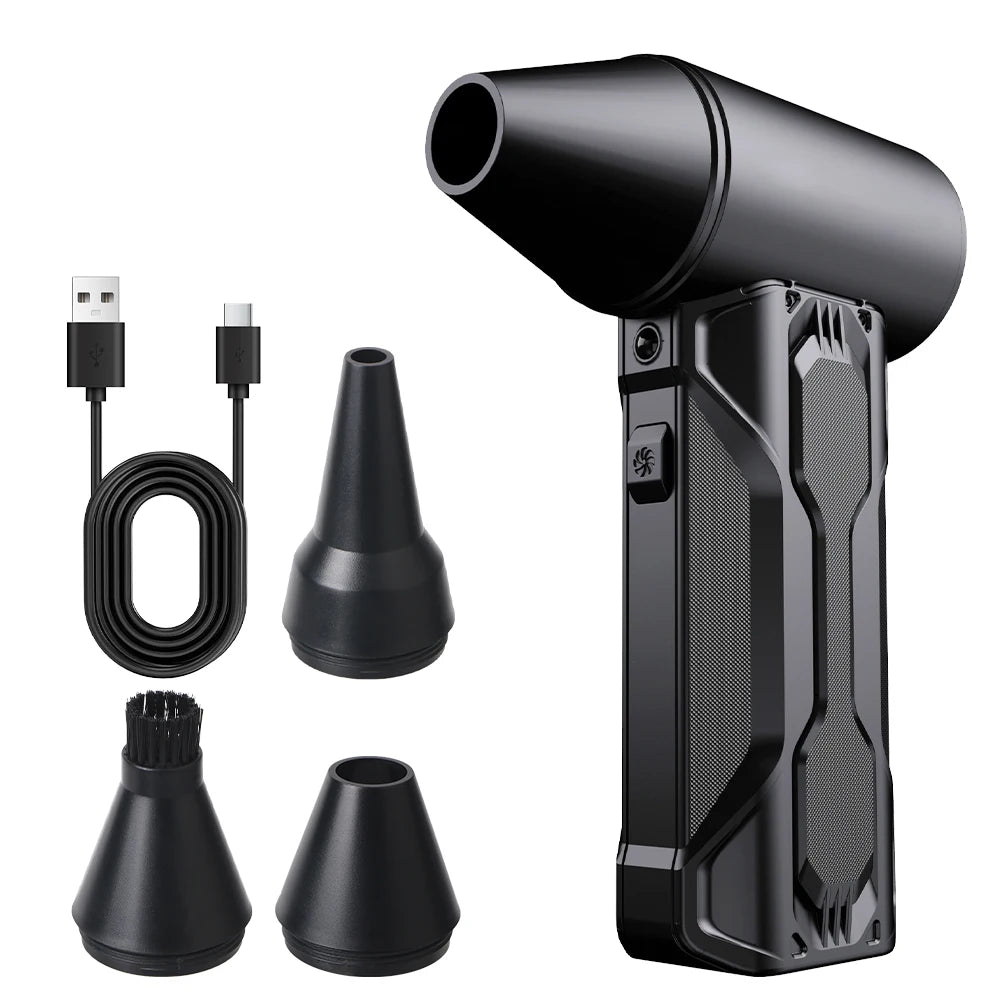 A black high-speed turbo air blower and its charging components are shown.