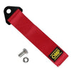 Red heavy-duty tow rope with a metal hook for vehicle recovery