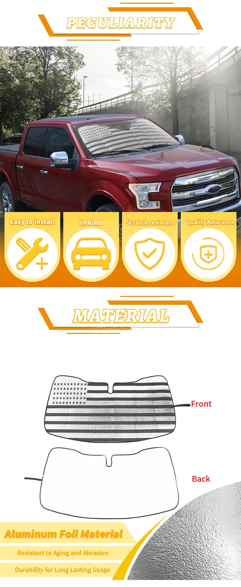 Aluminum foil windshield sunshade for a Ford F-150 truck