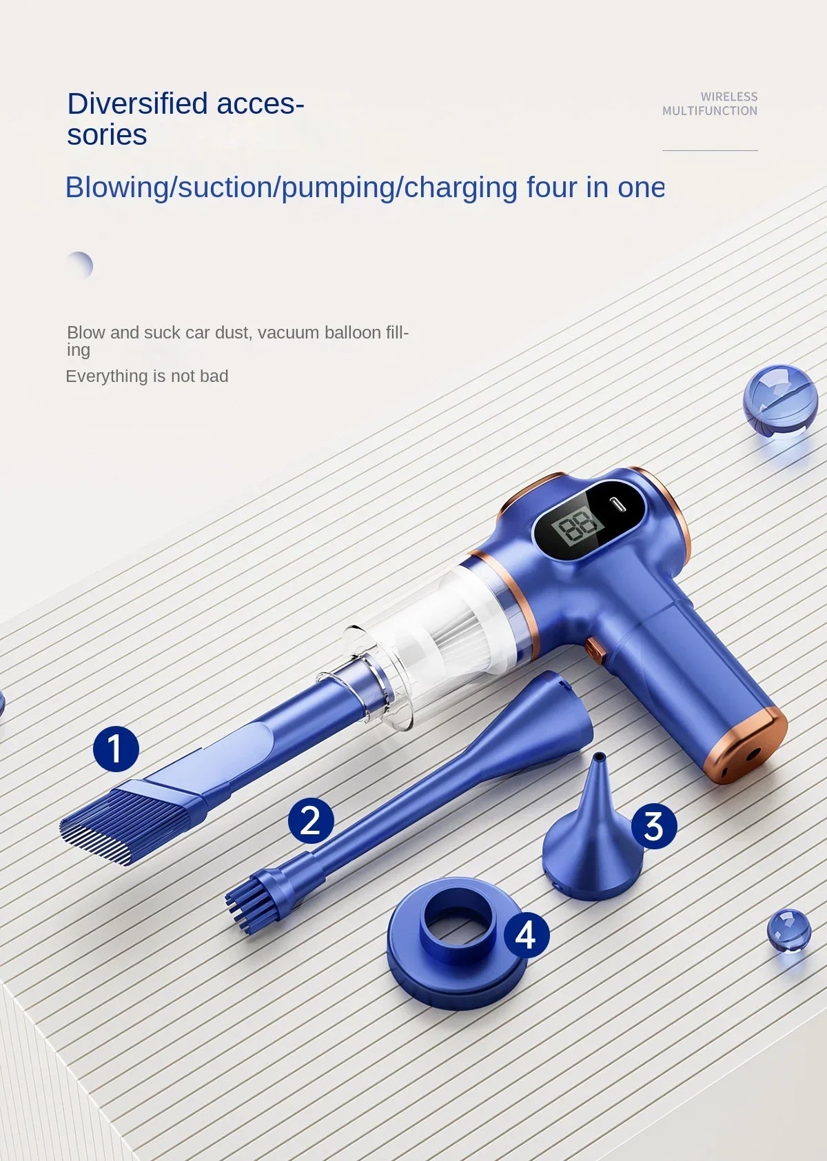 A blue cordless vacuum cleaner and its accessories are displayed on a white surface.