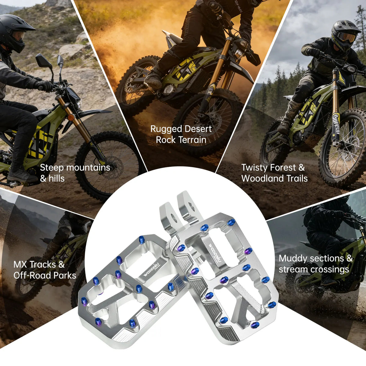 A pair of silver replacement pegs for e-bike and motorcycle accessories shown alongside various off-road riding scenes.