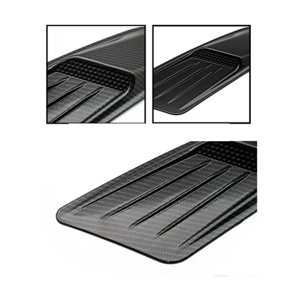 Black retrofit false air outlet hood for a Ford Mustang shown in multiple angles