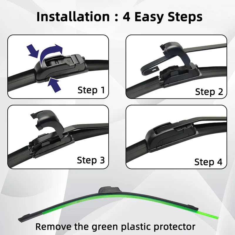 Installation steps for a universal windshield wiper blade kit showing four stages and the removed green plastic protector