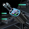 A black retractable car charger with a digital display showing 12.8V and USB-PD and USB ports.