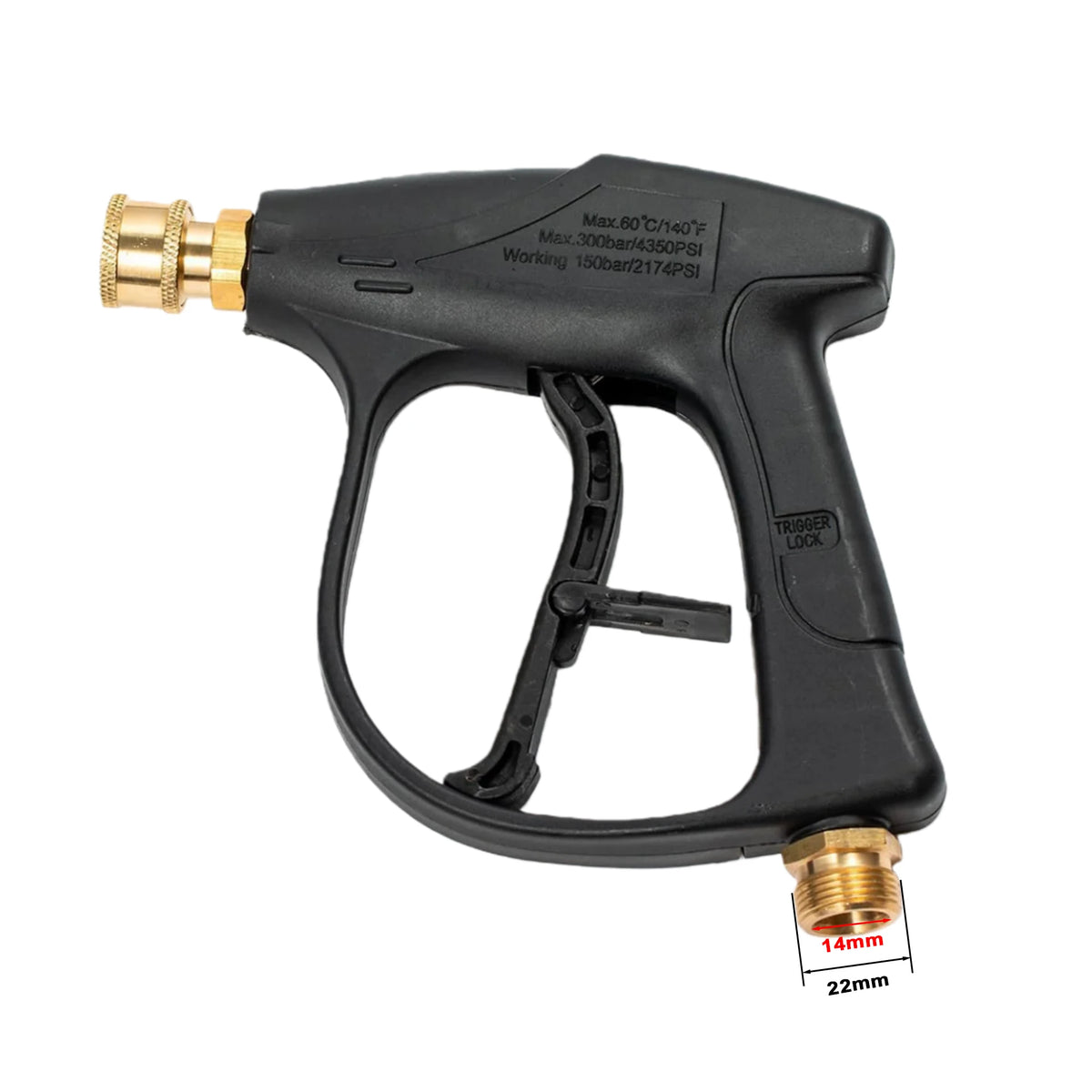 Black heavy duty foam pressure washer kit with brass fittings and a 14mm nozzle.