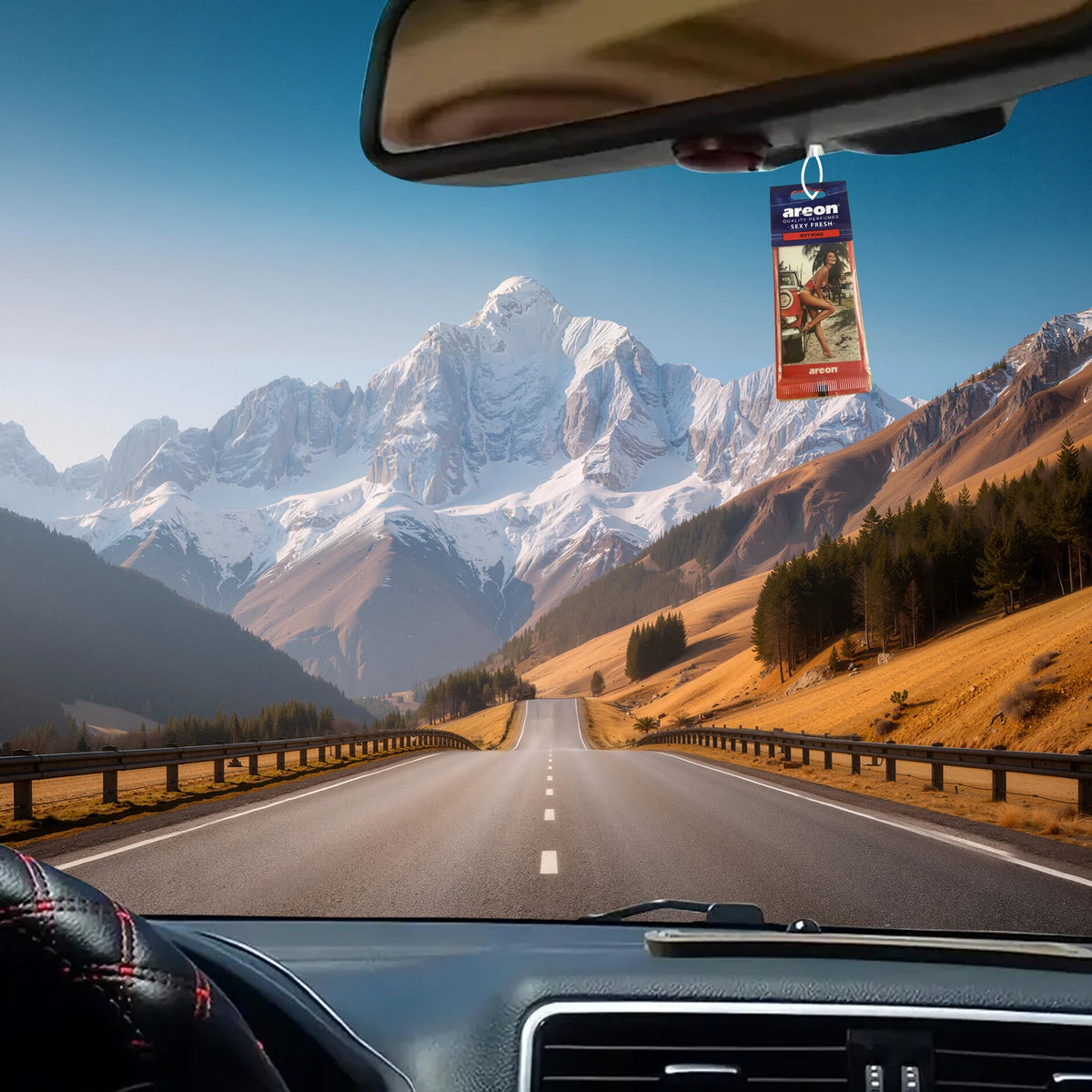 A multi-scent hanging air freshener is visible inside a car, with a scenic mountain road view outside.