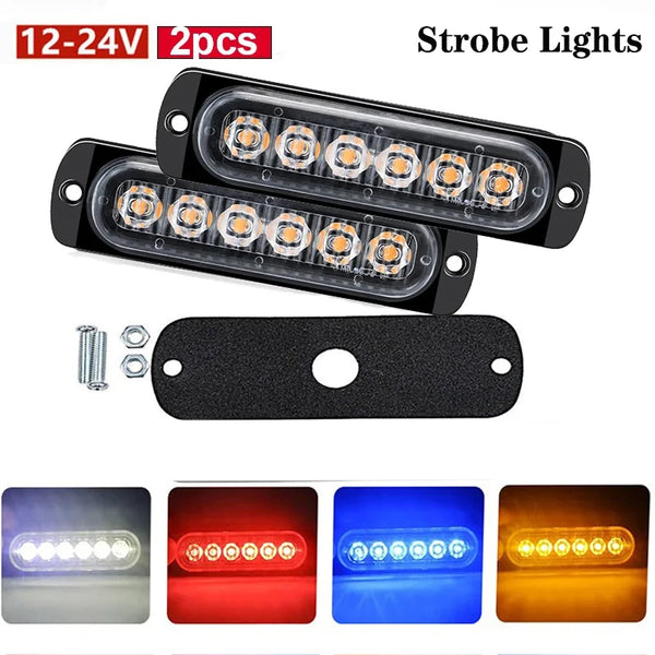 Two black strobe lights and a mounting plate are shown, displaying various colors.
