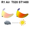 A motorcycle helmet visor lens in a gradient of yellow and orange, shown next to cloud and sun icons.