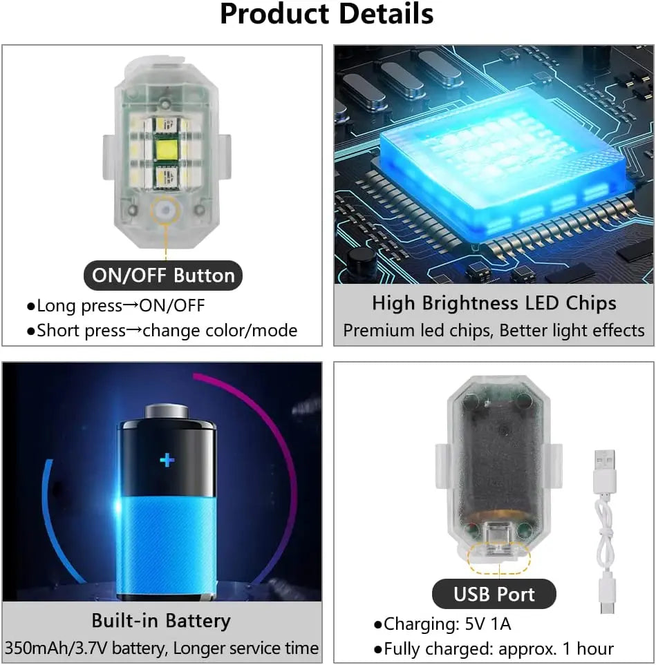 A set of wireless strobe warning lights featuring an ON/OFF button, built-in battery, and high brightness LED chips.