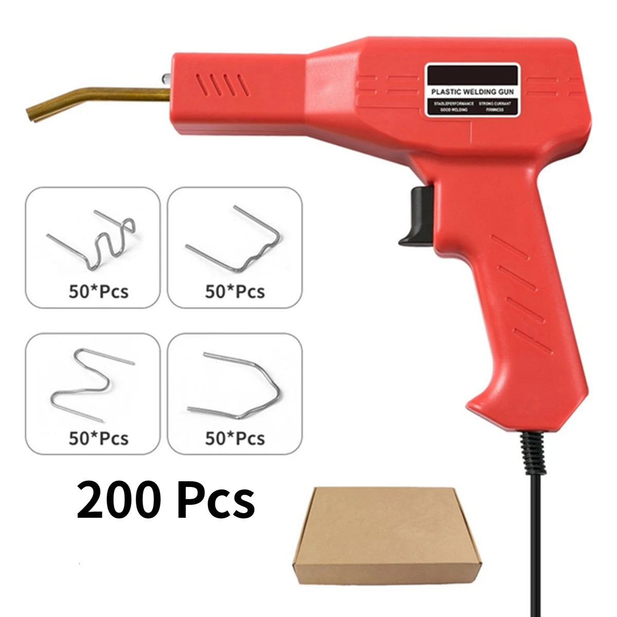 A red plastic welding gun tool with a wire tip and various metal wire pieces for repair