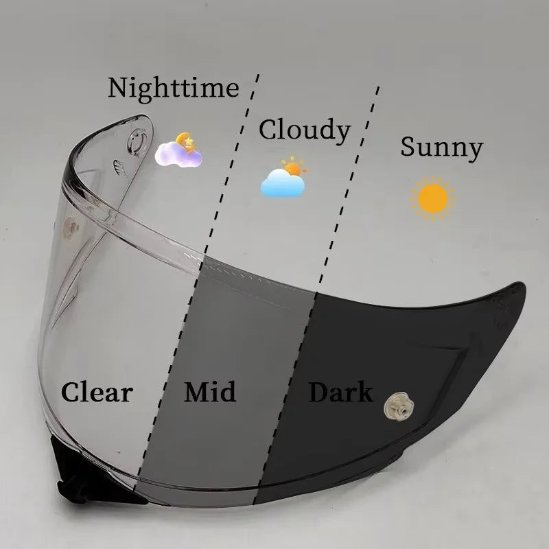 A motorcycle helmet visor demonstrating light conditions from clear to dark, labeled with nighttime and weather types.