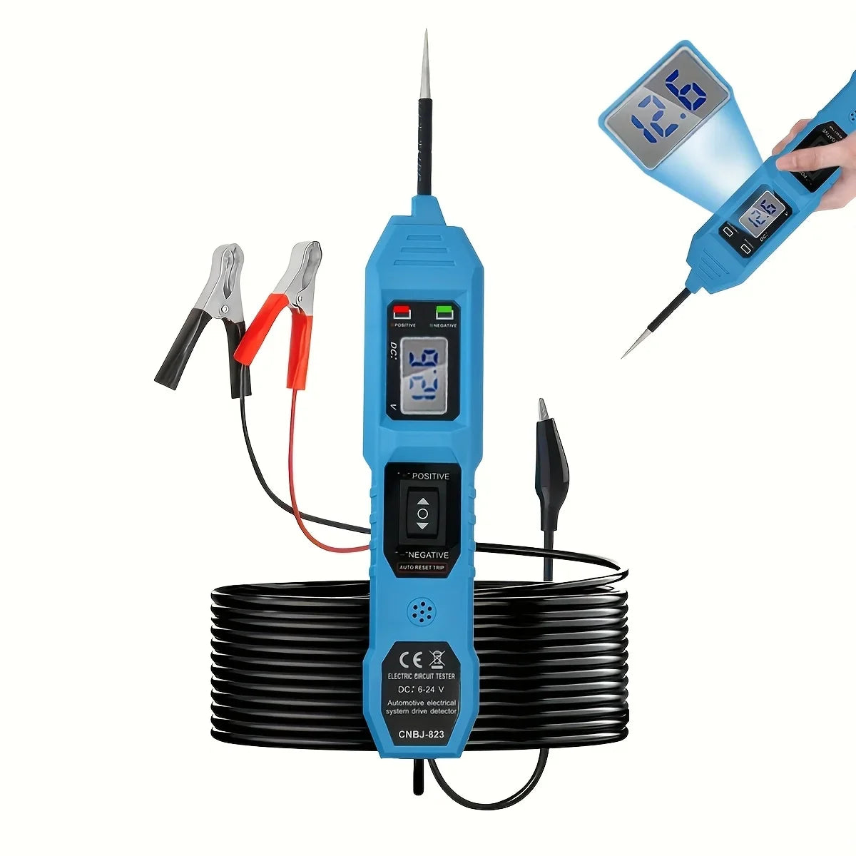 A hand is using a blue portable car circuit tester with an LED voltage display to test electrical circuits.