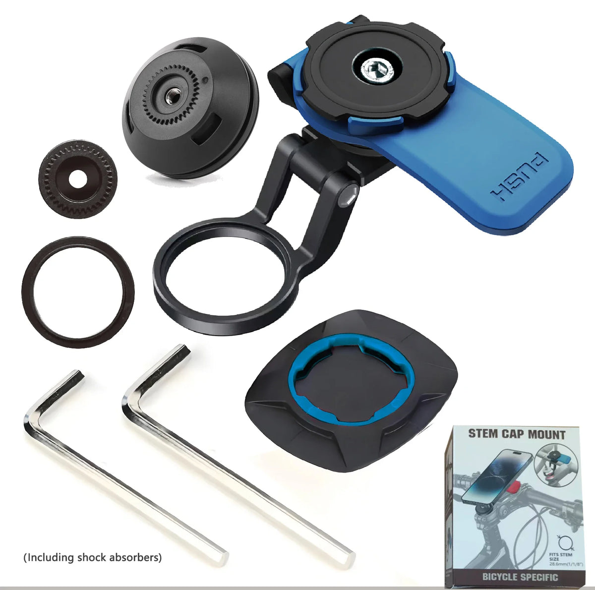 A set of universal motorcycle phone mounts including various clamps and shock absorbers for mounting a phone on a bike.
