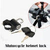 A black motorcycle helmet lock with a key is shown next to a close-up of the lock mechanism.