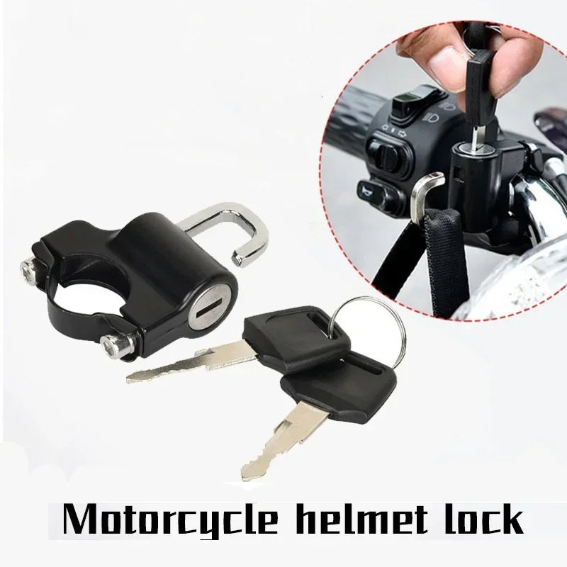 A black motorcycle helmet lock with a key is shown next to a close-up of the lock mechanism.