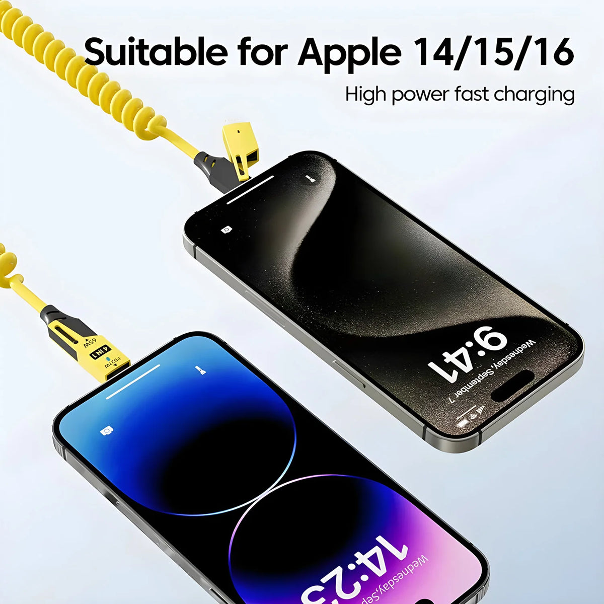 A yellow telescopic charging cable is shown connecting to an Apple phone for high power fast charging.