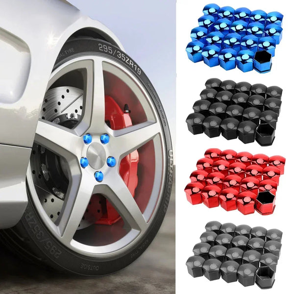 Una colección de cubiertas protectoras de nueces azules, negras y rojas para ruedas de coche.