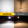 Comparison image showing an Auxito LED light versus a Halogen light illuminating a car's front end.