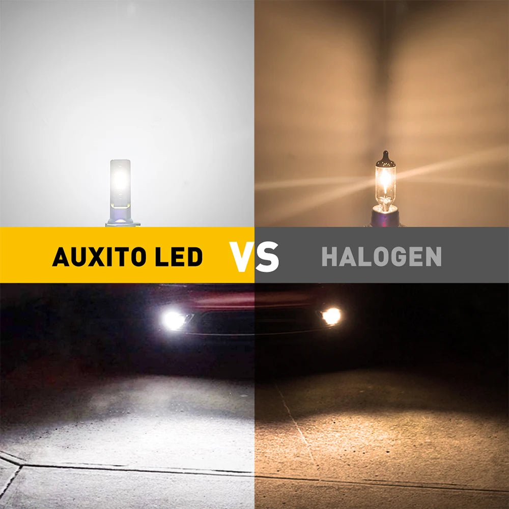 Comparison image showing an Auxito LED light versus a Halogen light illuminating a car's front end.