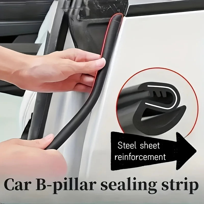 A hand is applying a black steel sheet reinforcement sealing strip to the B-pillar of a car door.