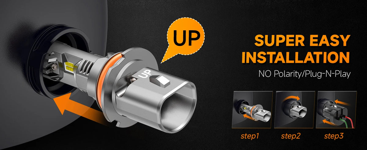A silver LED bulb connector is shown being installed, illustrating a super easy installation process in three steps.
