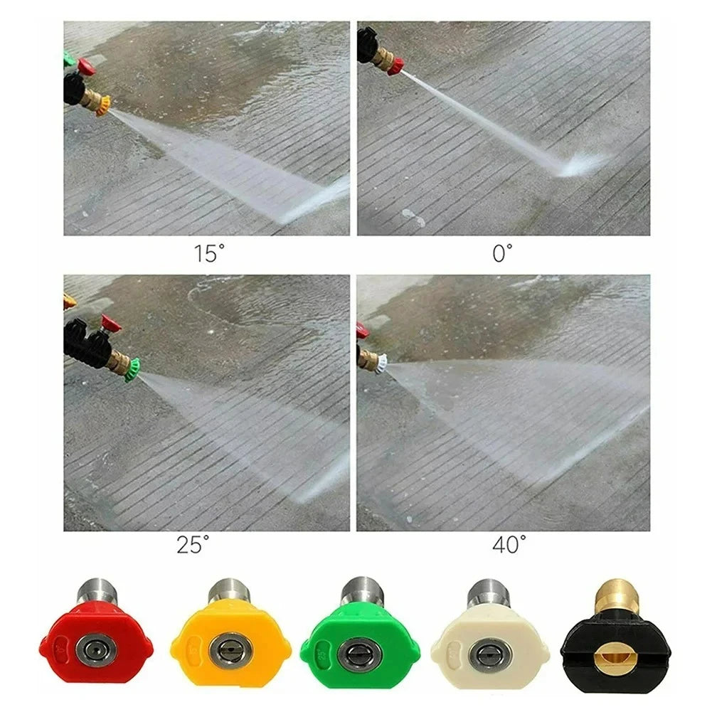 A set of five multi-angle high-pressure water nozzles in red, yellow, green, beige, and black.