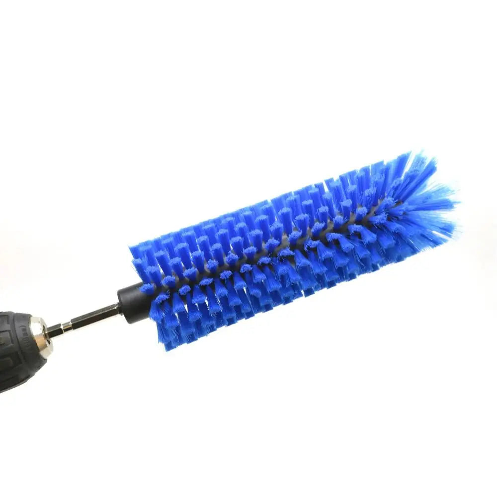 A blue multipurpose drill brush designed for cleaning wheels and tires.