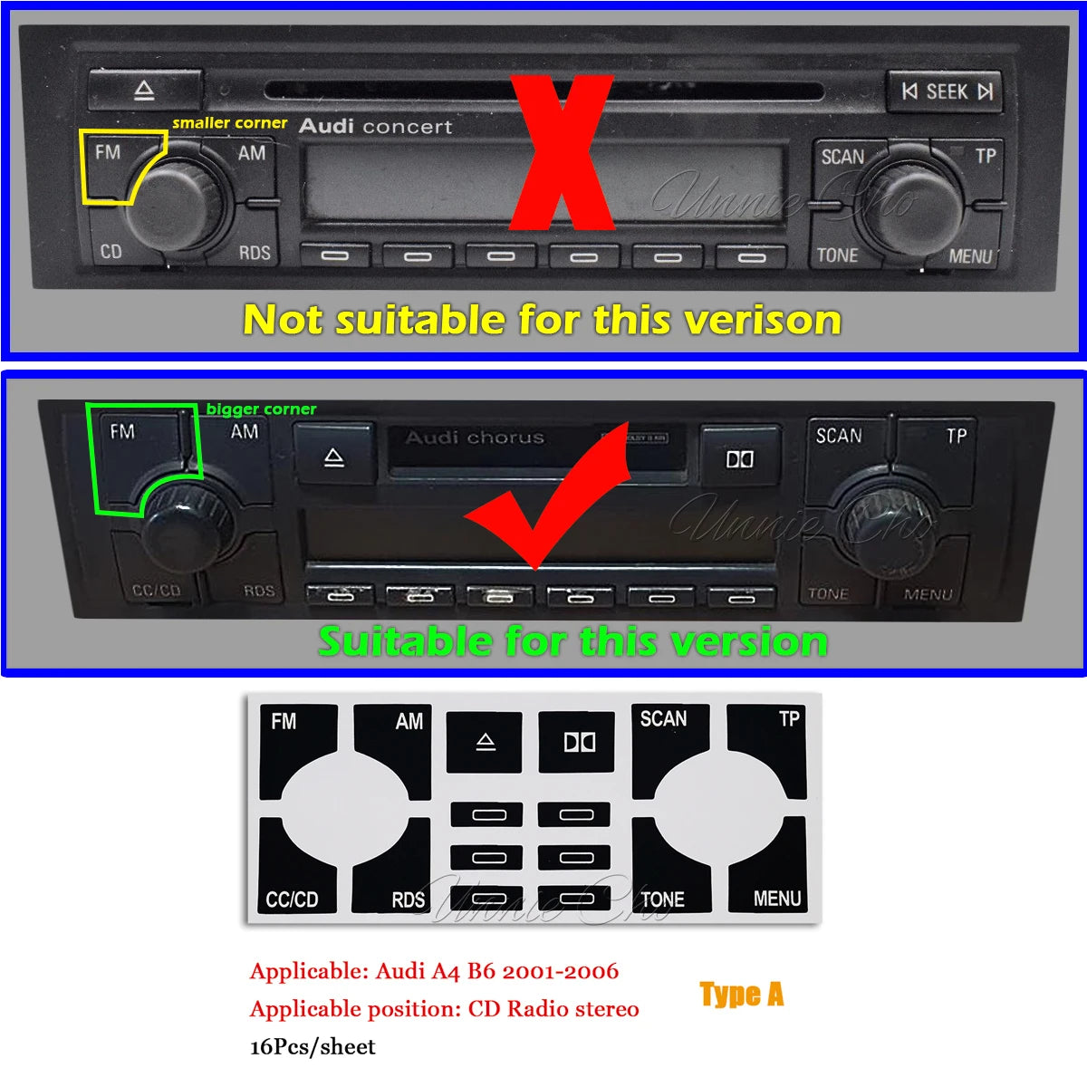 Comparison of FM and AM tuner functionality on an Audi A4 B6 stereo unit for repair kit compatibility.