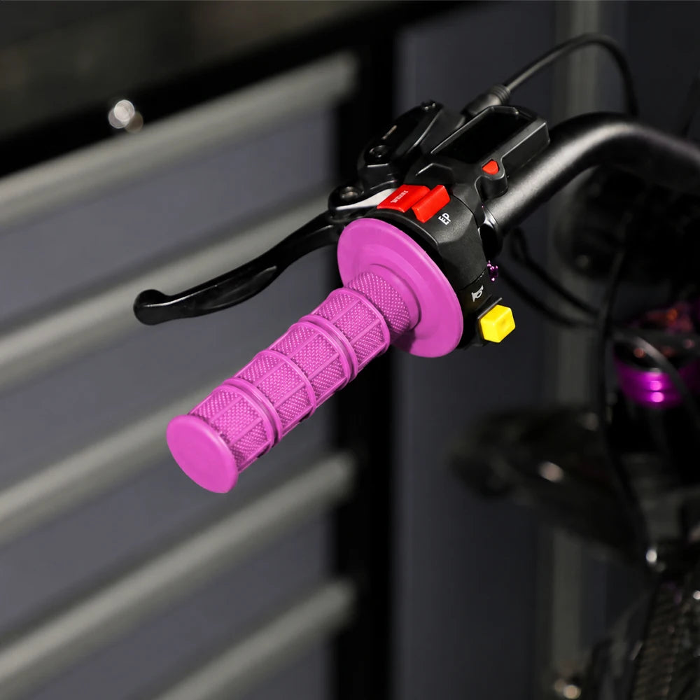 Close-up of a purple silicone handle bar grip attached to a motorcycle handlebar.
