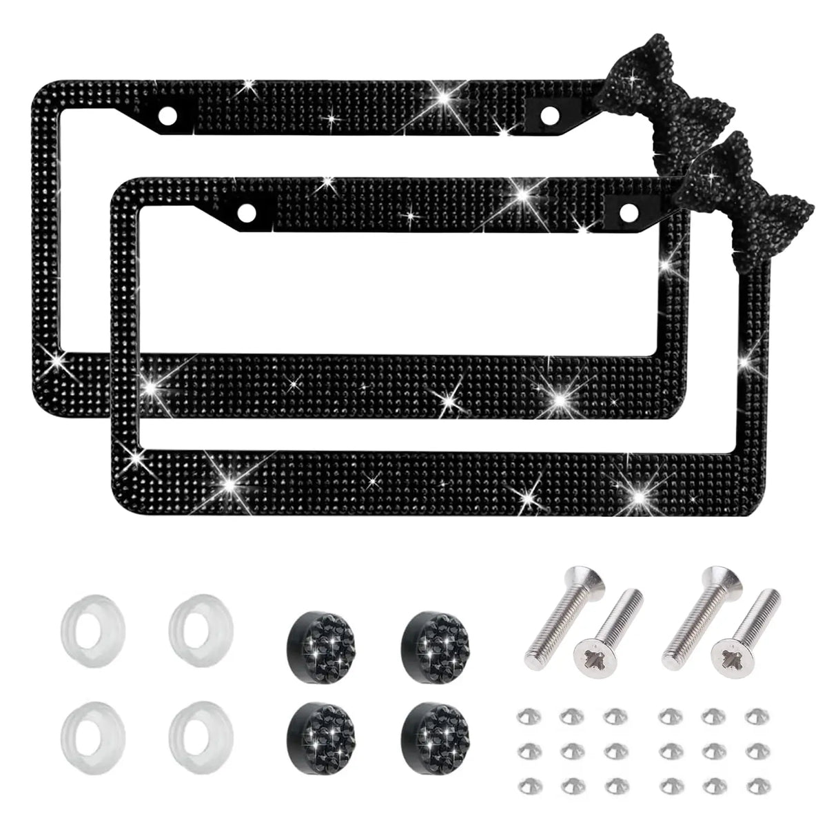 Black decorative license plate frame set with a bow accent and mounting hardware.