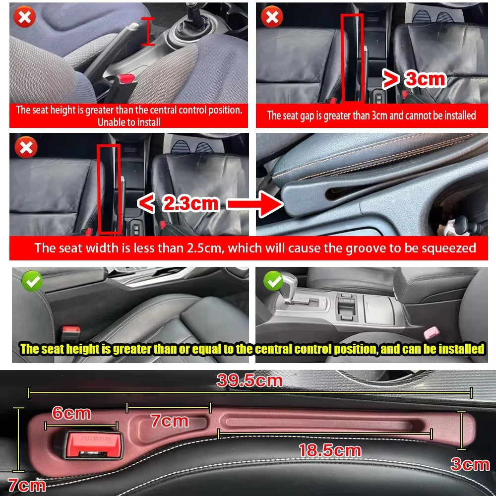 A set of car seat gap filler strips demonstrating correct and incorrect installation dimensions for a universal car seat.