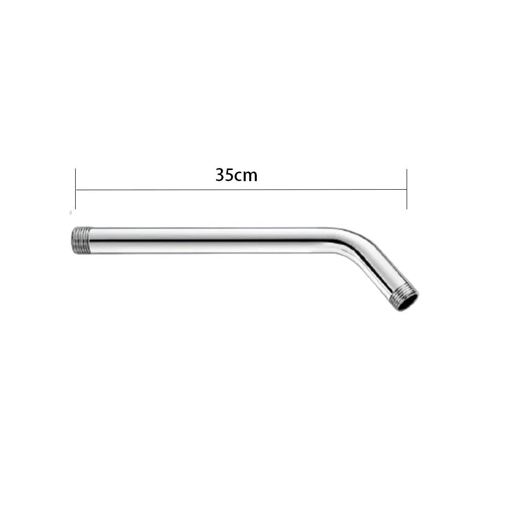 A silver stainless steel shower arm extension with a curved end, measuring 35cm long.