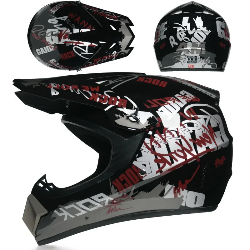 Black and white motorcycle off-road safety helmet shown from the side and top views.