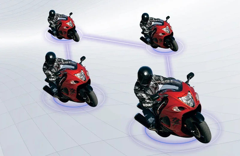 Red motorcycle with a rider and helmet system shown in various dynamic angles against a light background.